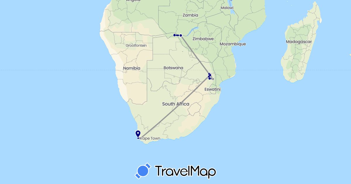 TravelMap itinerary: driving, plane in Botswana, South Africa, Zambia, Zimbabwe (Africa)
